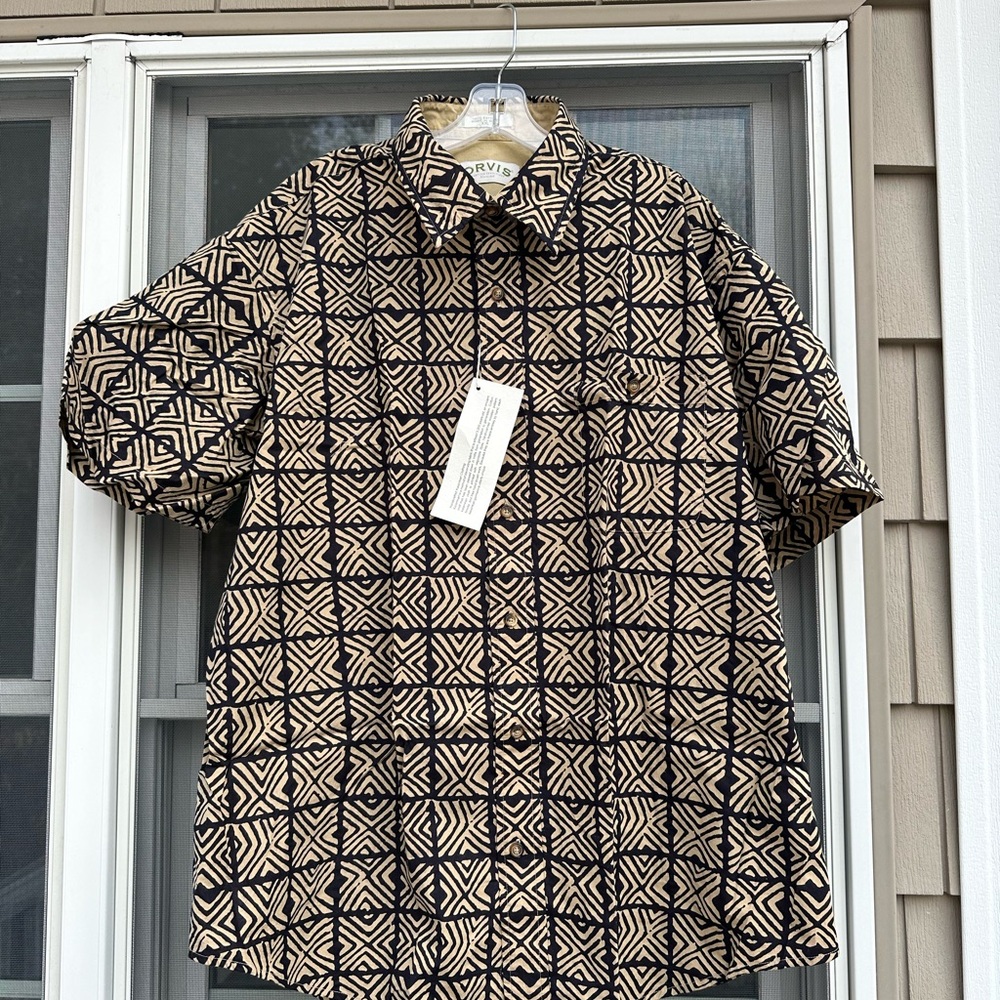 Vintage Orvis Mens Mud cloth tribal   Block Print Short Sleeve Button XXL New